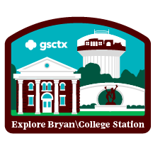 Purple background with Meet BCS Texas and Texas outline with flag inside