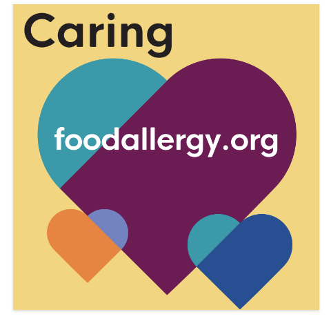 Teal square with FARE Food Allergy Awareness printed on the patch