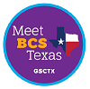 Purple background with Meet BCS Texas and Texas outline with flag inside
