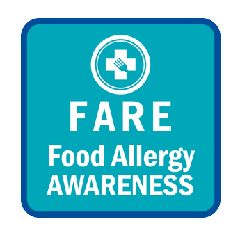 Teal square with FARE Food Allergy Awareness printed on the patch